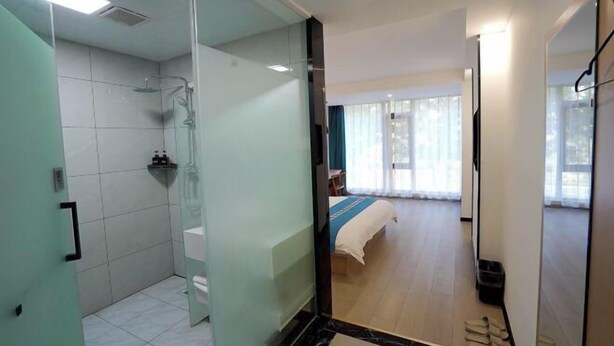 Une salle de bain moderne avec une douche à parois de verre, des toilettes apparentes et un lit dans la pièce adjacente.