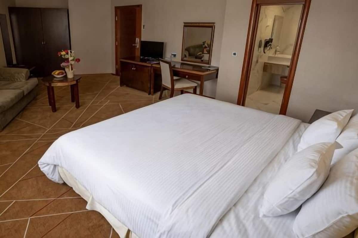 A hotel room with a large bed, a desk with a chair, a small table with a vase, and a mirror.