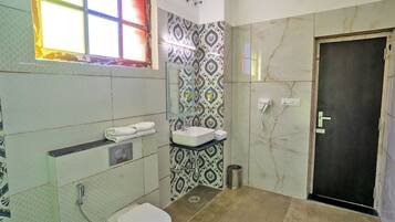 Shower, slippers, towels, soap