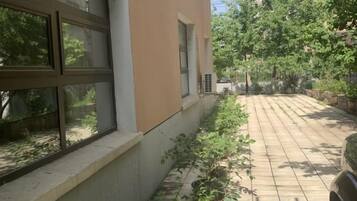 A building exterior with a tiled patio, a window with blinds, and a tree-lined pathway.