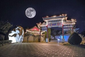A traditional Chinese gate illuminated at night with a full moon in the background.