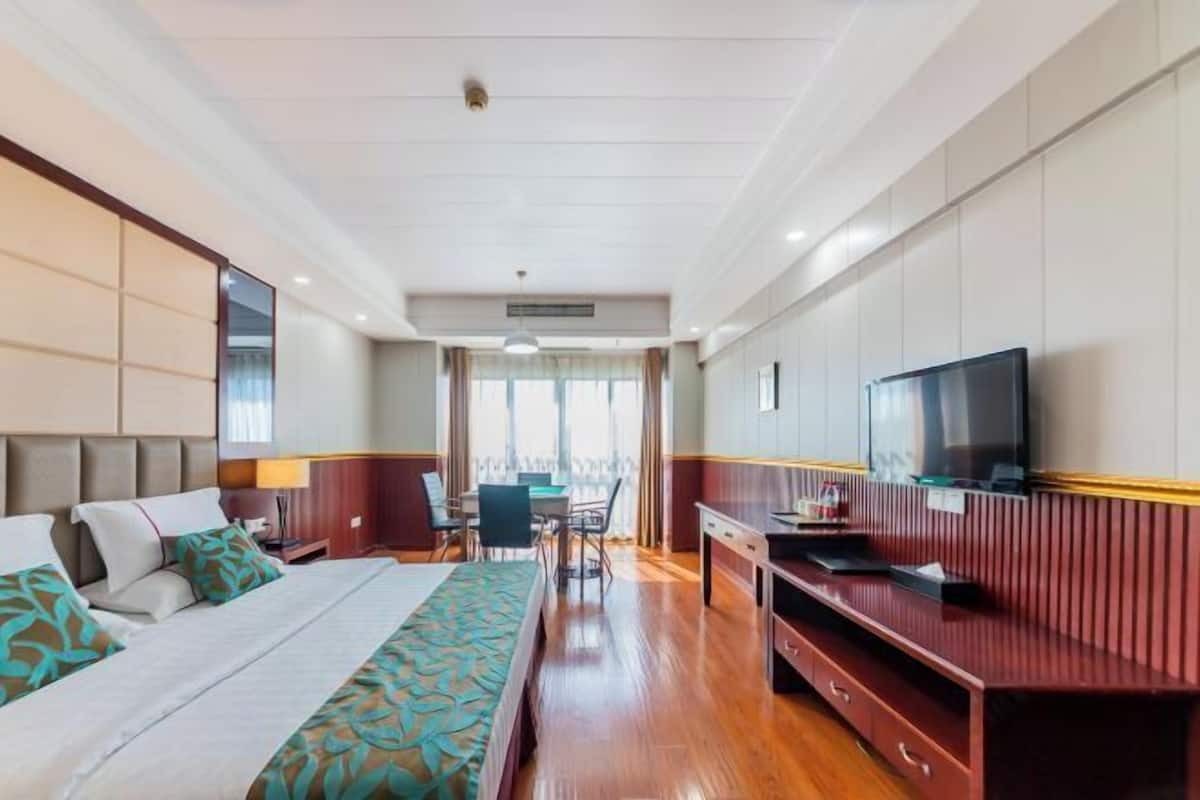 Une chambre d’hôtel équipée d’un lit, d’un bureau, d’une télévision et offrant une vue sur l’extérieur.