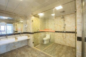 Een badkamer met een douchecabine, toilet en wastafel.