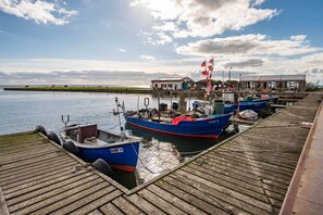 Une jetée en bois où sont amarrés des bateaux, un petit bâtiment avec un toit rouge et, au fond, une zone herbeuse.