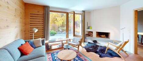 TV, fireplace, books, music library