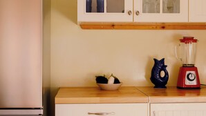 Une cuisine équipée d’un réfrigérateur, d’un meuble avec des portes en verre, d’un mixeur et d’un saladier posé sur le plan de travail.