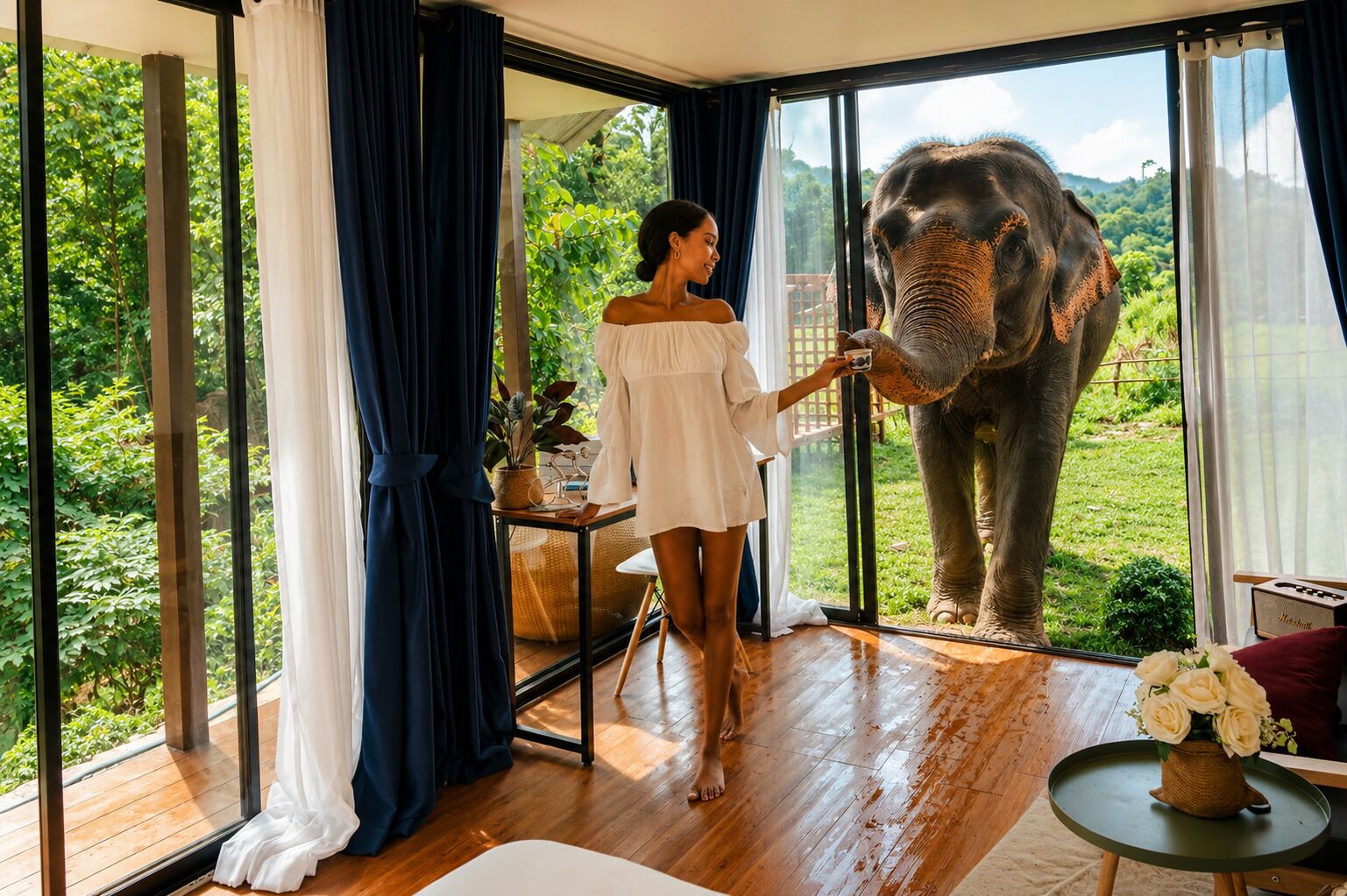 A room with a large window, a person interacting with an elephant, and a view of greenery outside.