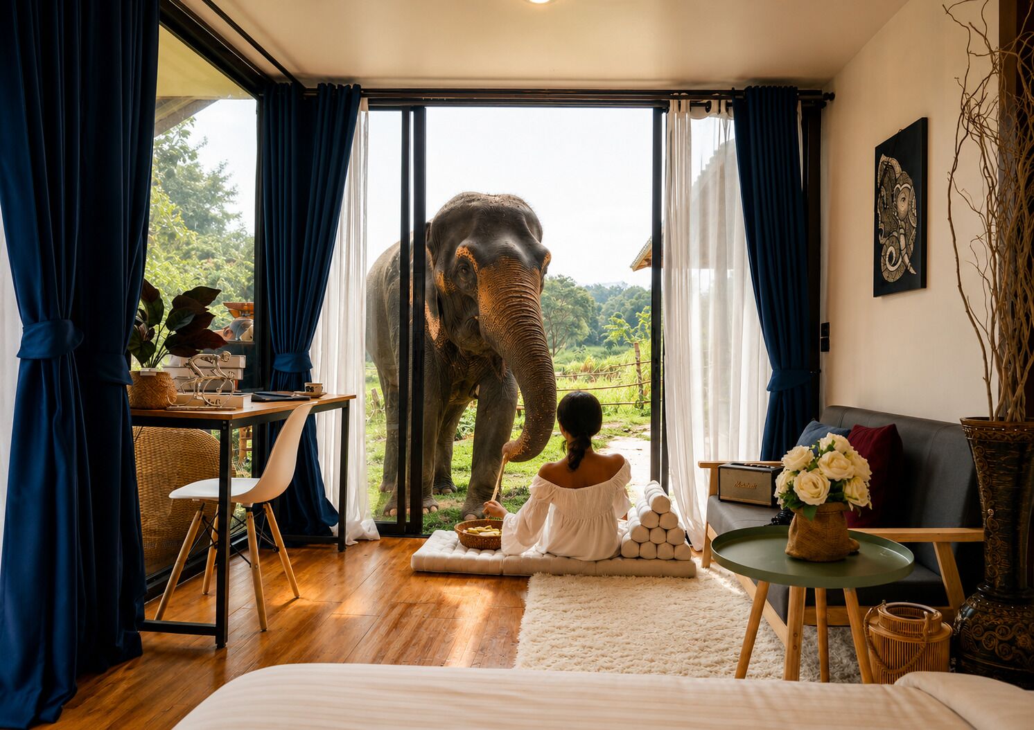 A room with a large window, a bed, a sofa, and a dining table.