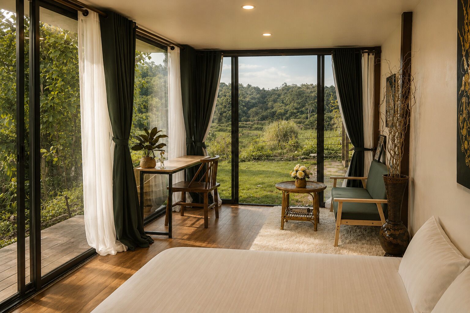 A bedroom with a large bed, a desk, a chair, and a view of a lush garden through large windows.