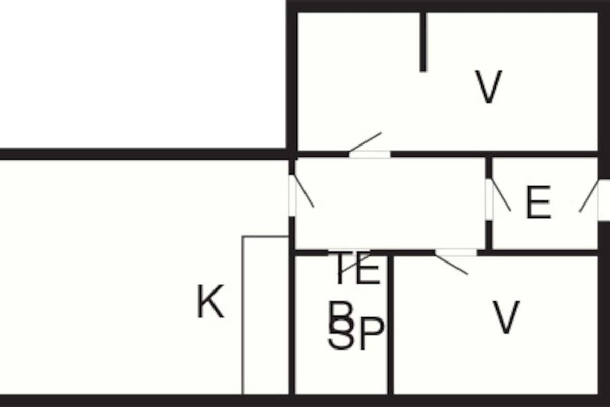 A floor plan with labeled rooms O, K, V, E, and B.