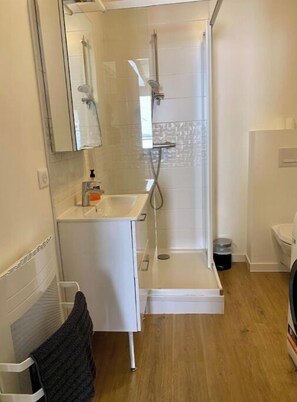 Douche, baignoire à jets, sèche-cheveux, serviettes fournies