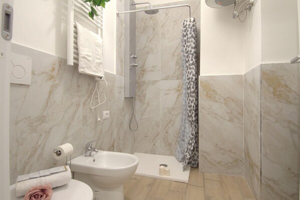 Secadora de cabello, toallas, papel de baño 