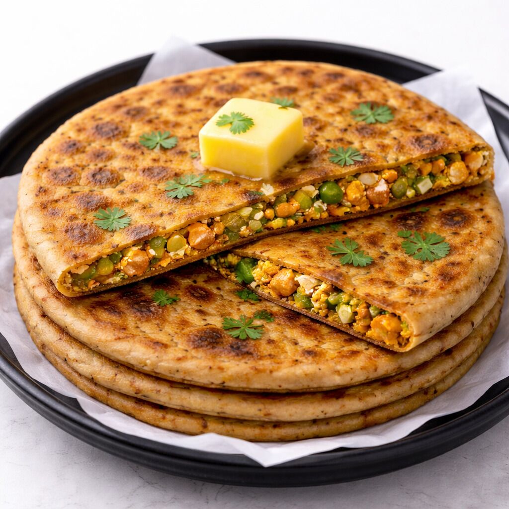 Une pile de pains plats, avec un morceau de beurre et une garniture de persil.