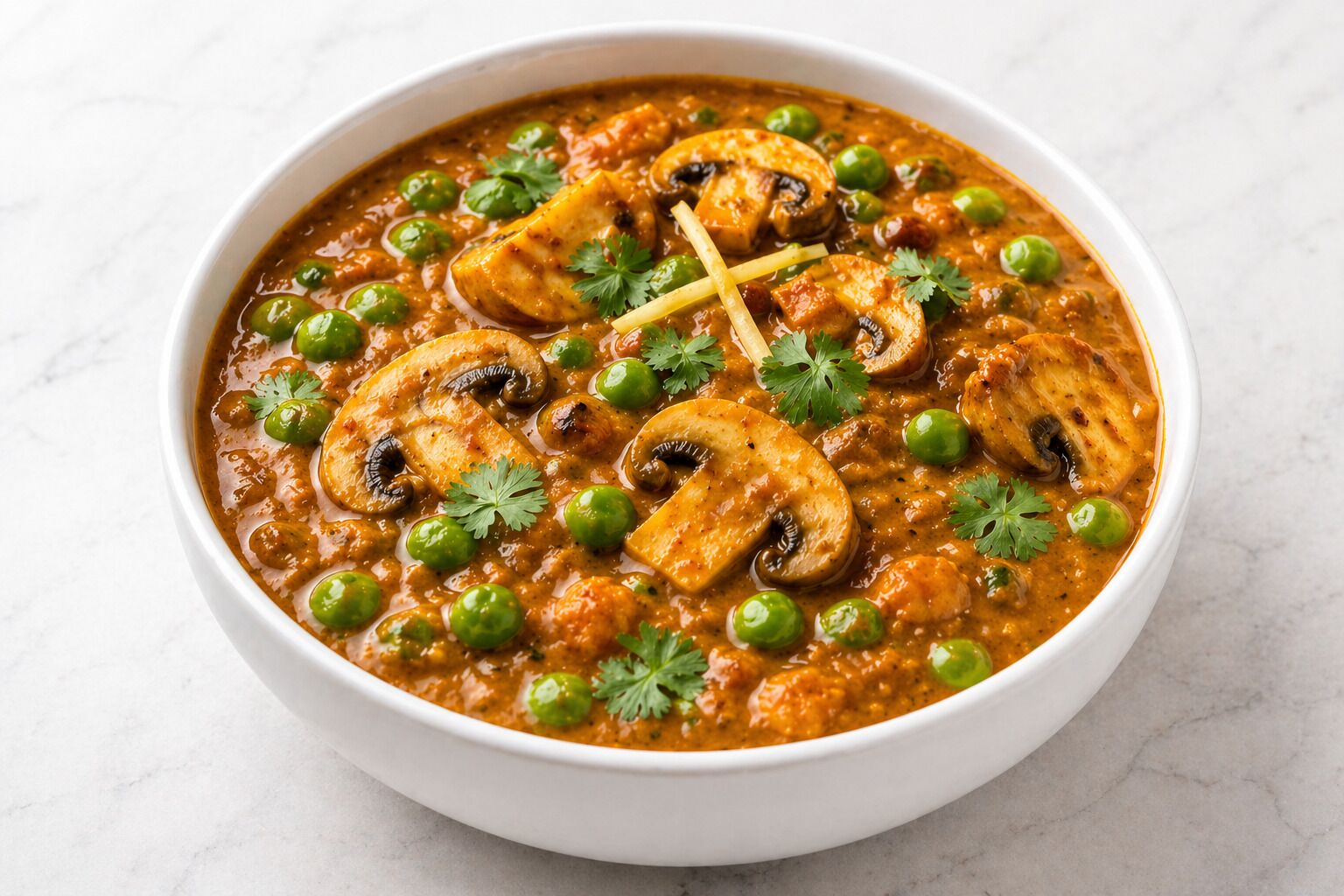 Un plato de curry con guisantes y champiñones.