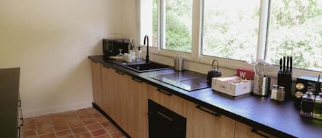 Fridge, cookware/dishes/utensils, spices, dining table
