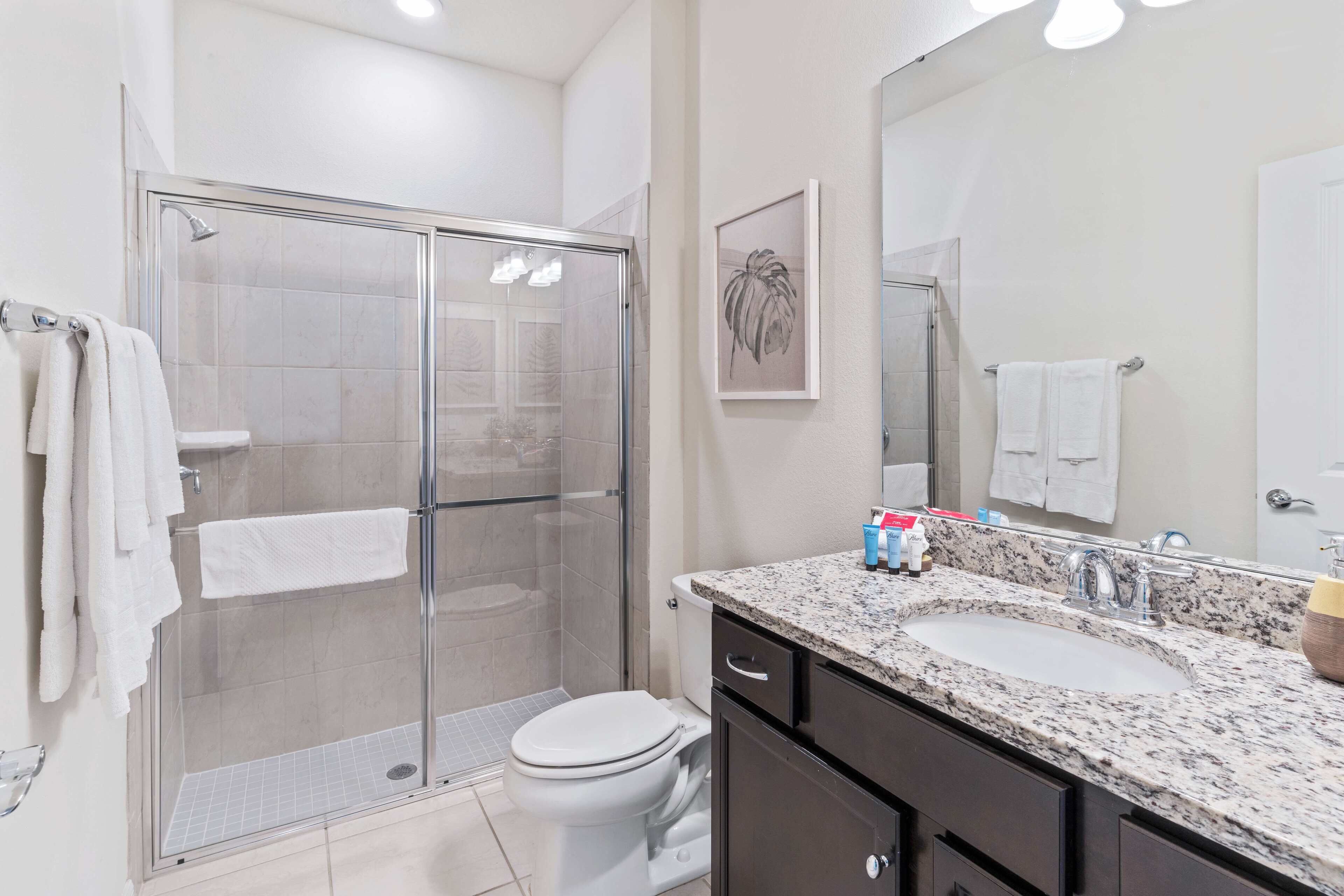 A modern bathroom with a glass-enclosed shower, a white toilet, a granite countertop sink, and a large mirror.