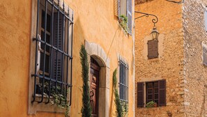 A narrow cobblestone street with buildings featuring stone facades and metal shutters.
