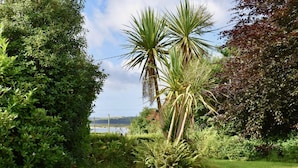 Een weelderige tuin met diverse planten, waaronder een opvallende palmboom, dichte struiken en een verzorgd gazon.