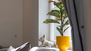 A room with a sofa, pillows, a small dog statue, and a yellow plant in a window. - RentPlanet - plac Uniwersytecki (Wroclaw)