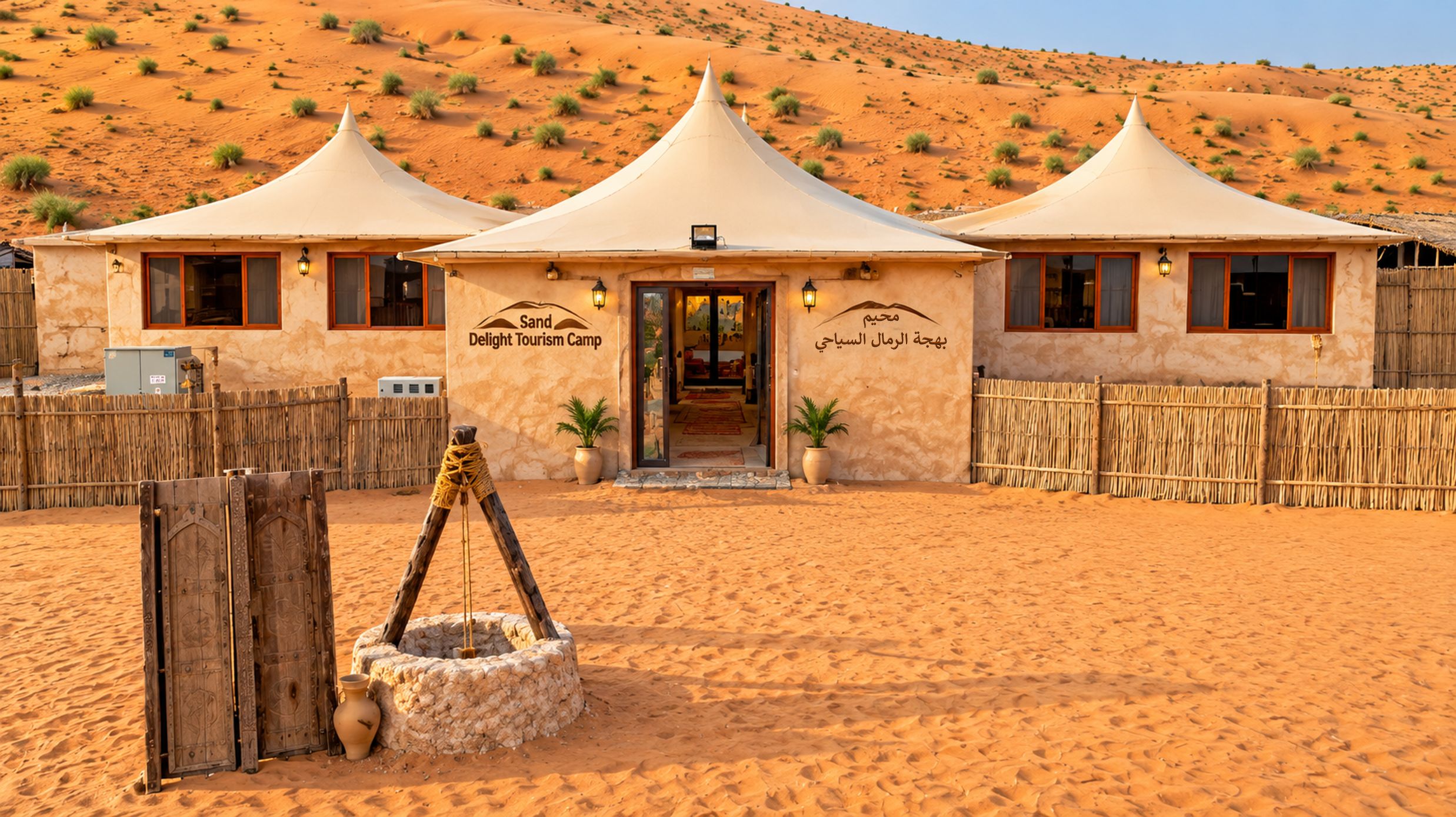 A desert-themed hotel with three tents, a wooden fence, and a traditional water well.