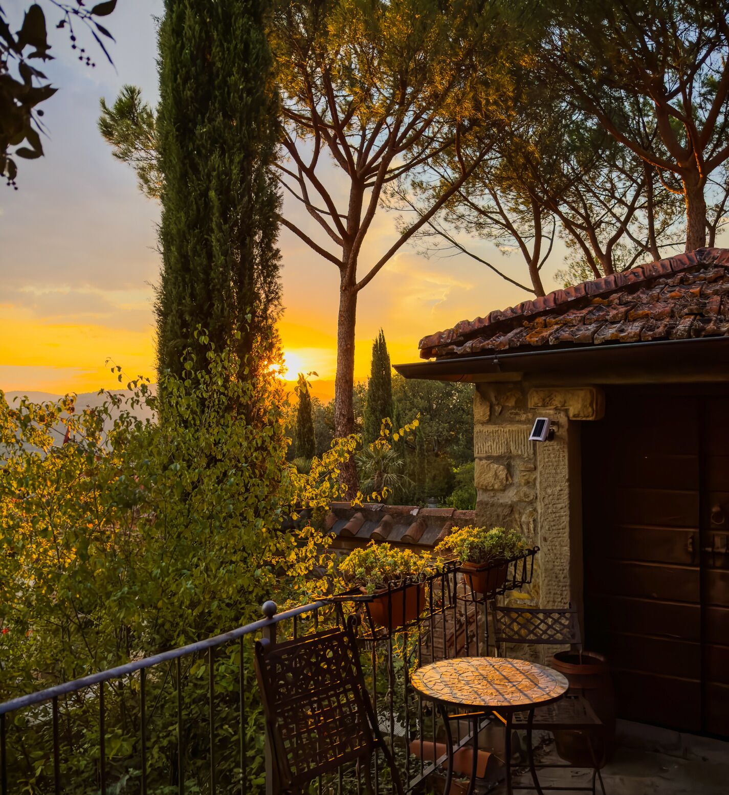 A patio with a table and chairs, surrounded by potted plants and trees, overlooking a sunset.