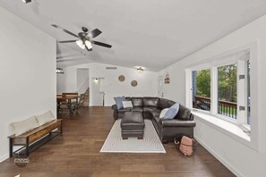 Smart TV, fireplace, books