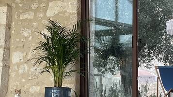 A pool area with a stone wall, a potted plant, and a view of trees and buildings through a glass door.
