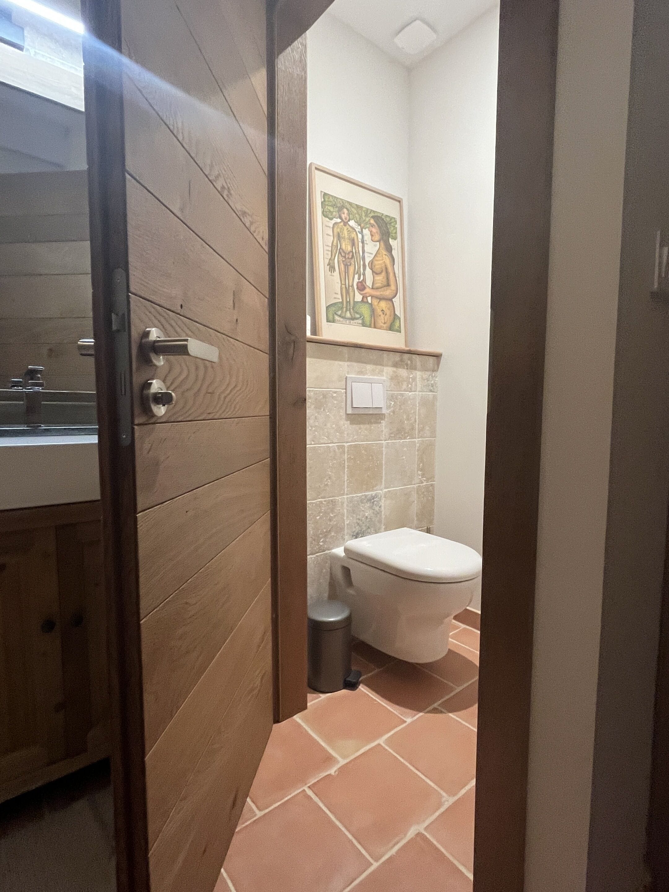 A bathroom with a wooden door, a toilet, a sink, and a framed picture on the wall.