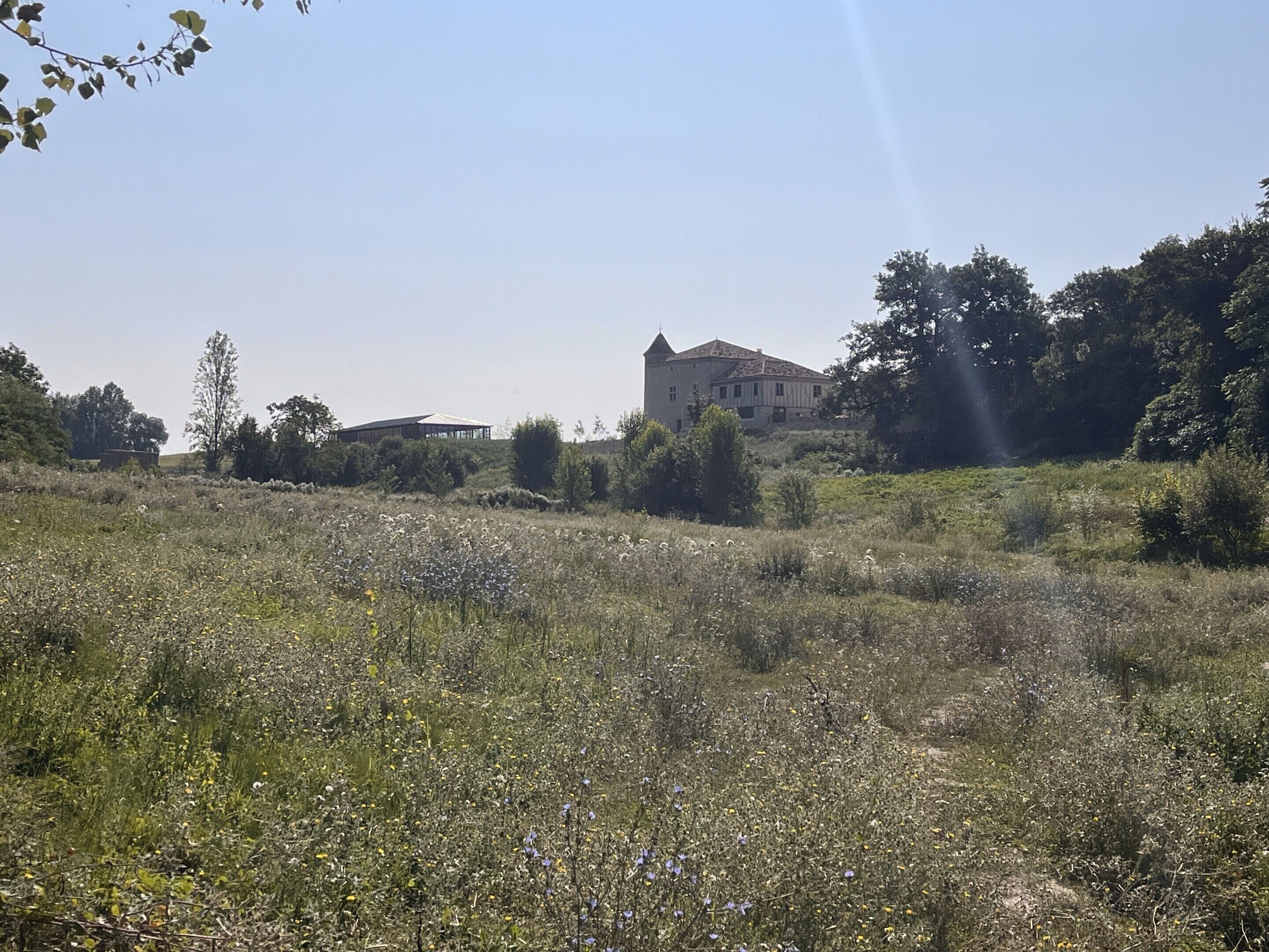 Paisaje rural con una gran edificación histórica rodeada de campos y árboles.