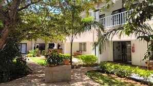 A courtyard with a central concrete planter, surrounded by potted plants and trees. - Room in Lodge - Luxury Suite 1 in Boutique Lodge With Free Savannah Adventures 4x4 City Tour (Victoria Falls)