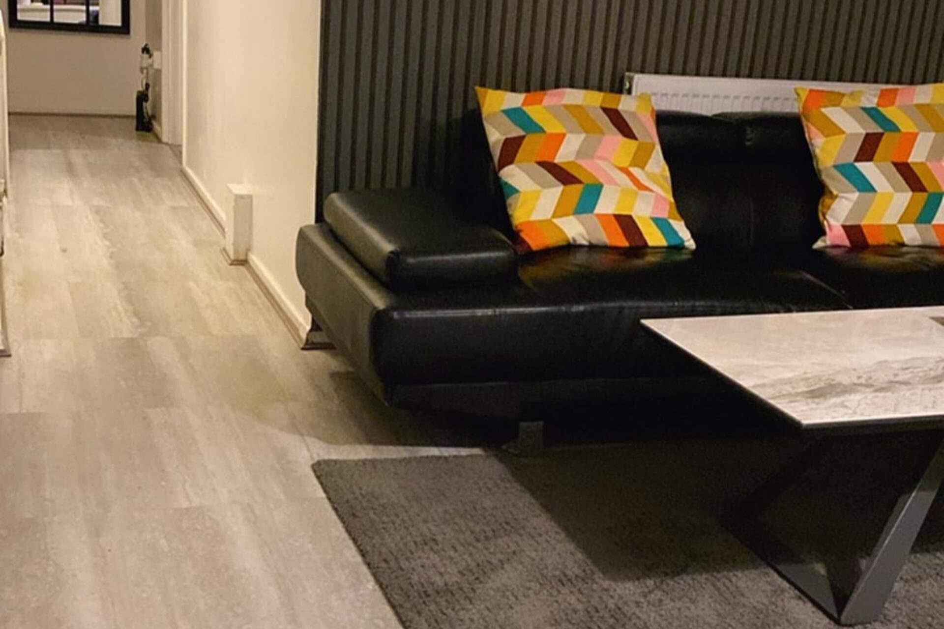 Una sala de estar moderna con un sofá de cuero negro, dos almohadas coloridas con estampado en zig-zag, una alfombra gris y una pequeña mesa.