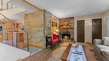 Smart TV, fireplace, DVD player, books