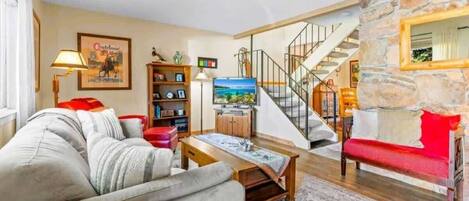 Smart-TV, peis, DVD-spiller og bøker