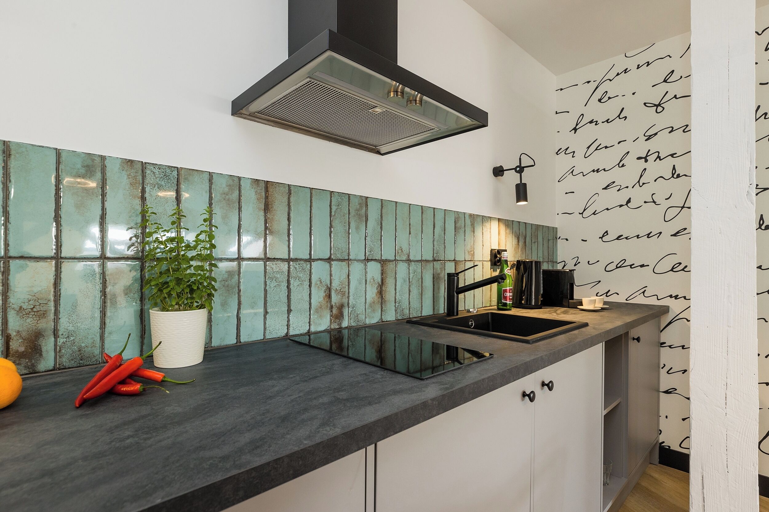 A modern kitchen with a black countertop, a stainless steel sink, and a green tiled backsplash.