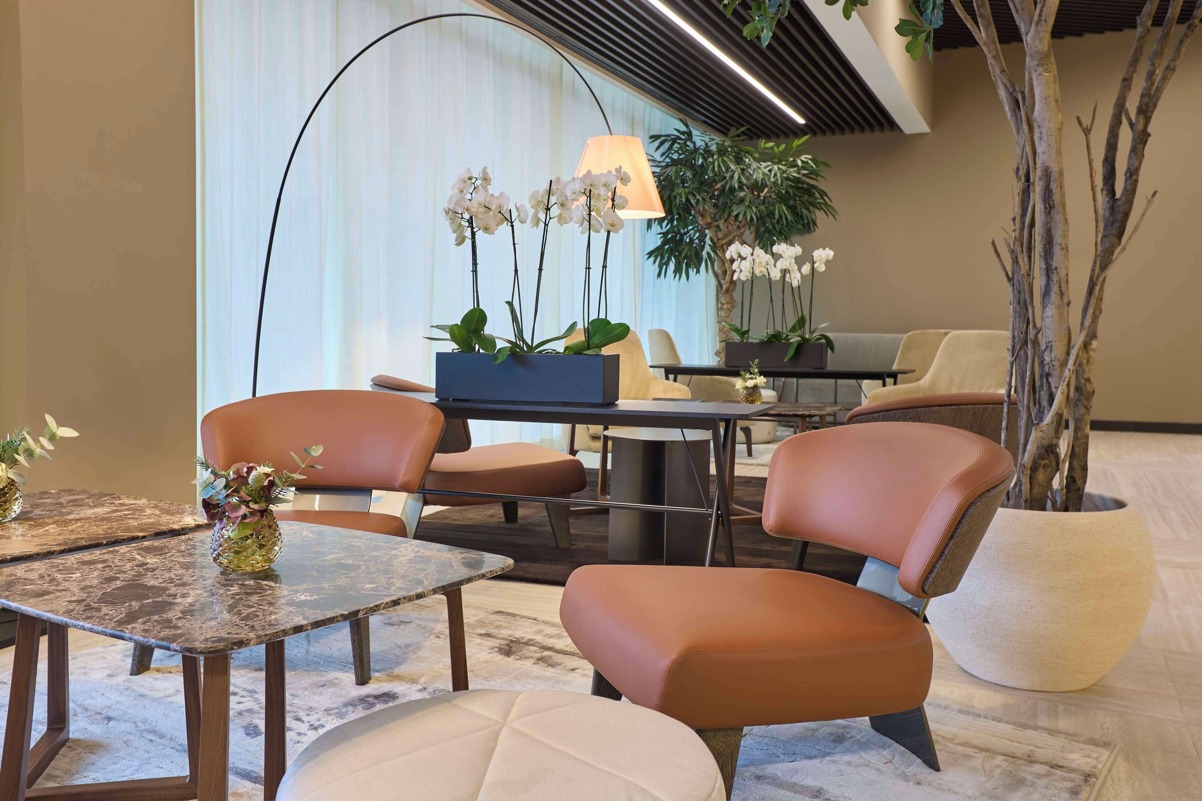 A modern lounge area with leather chairs, a coffee table, and potted plants.