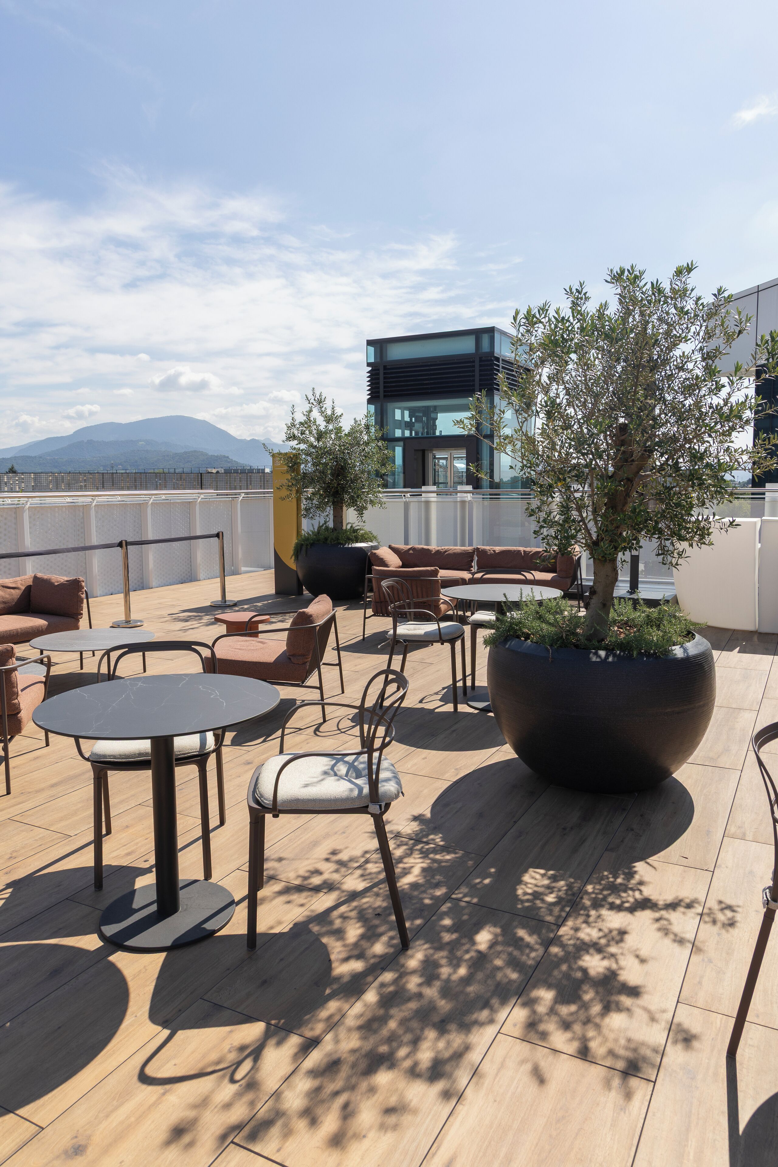 Una terraza en la azotea con mobiliario exterior, una jardinera grande con un árbol y vistas a la ciudad y montañas al fondo.