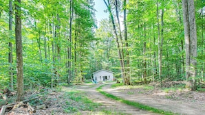 A forest path leading to a small white cabin with a door and windows, surrounded by tall trees and greenery. - Quiet Pet Friendly Cabin w/ Fire Pit Near Lake Ann (Traverse City)