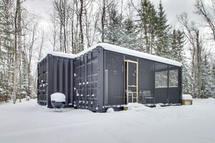 Una cabaña moderna negra con un ventanal grande y una puerta, rodeada de árboles cubiertos de nieve.