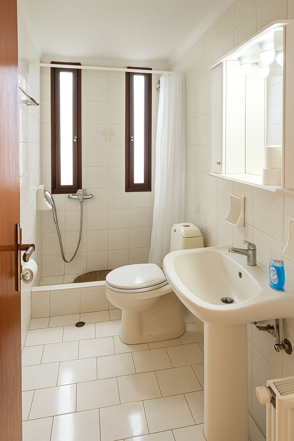 A bathroom with a toilet, sink, and shower.
