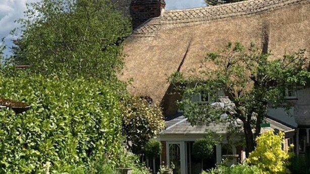 Een traditioneel stenen huis met rieten dak, een tuin met diverse planten, en een helderblauwe lucht.