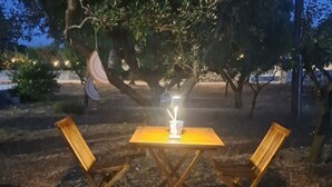 An outdoor seating area with a table and two chairs under a tree, surrounded by dry grass and a few plants. - Viale del Sole - le Dimore - Small Double Room (Locorotondo)
