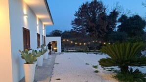 Une maison moderne avec une allée en gravier, des plantes en pot et des guirlandes lumineuses.