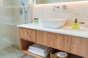 Shower, hair dryer, towels