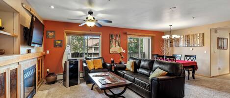 TV, fireplace