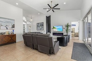 Smart TV, fireplace, video games, ping pong