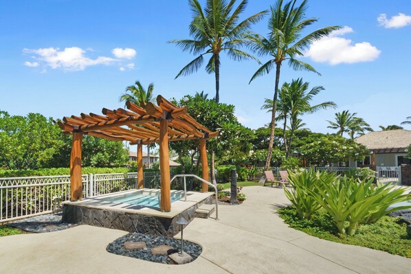 A wooden pergola over a pool with a stone border, surrounded by palm trees and a white fence.