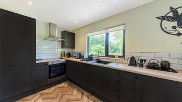 Cabin | Private kitchen | Fridge, microwave, oven, stovetop