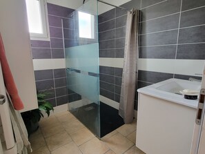 Ducha, secador de pelo, toallas, jabón