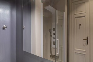 Shower, hair dryer, bidet, towels