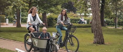 Um caminho no parque com duas bicicletas, uma delas com um reboque, e um banco em primeiro plano.